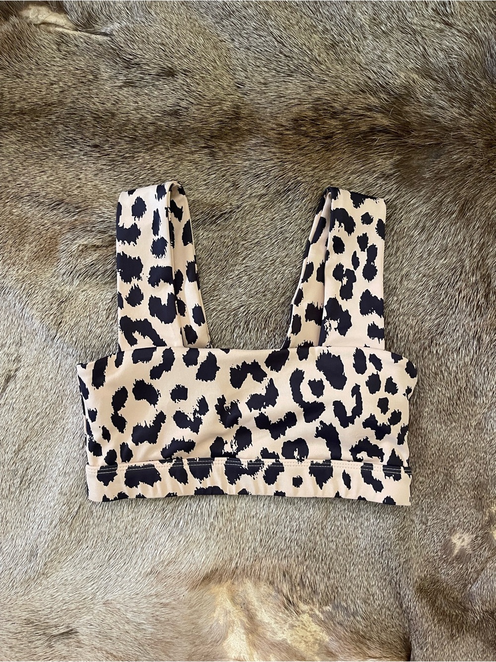 ALLFENIX Leopard Print Square-Neck Bikini Top in Beige and Black